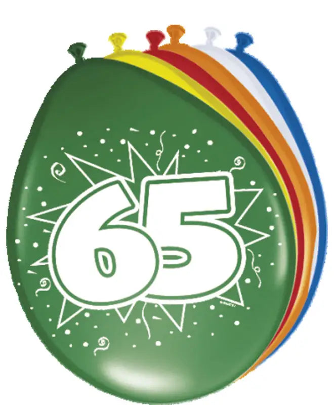 65 års ballonger mångfärgade - 8 stycken
