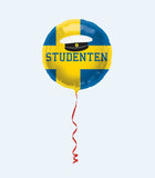 Folieballong till studenten i blå och gul färg med en studentmössa som motiv.