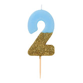 Tårtljus blå/guld glitter siffra 2