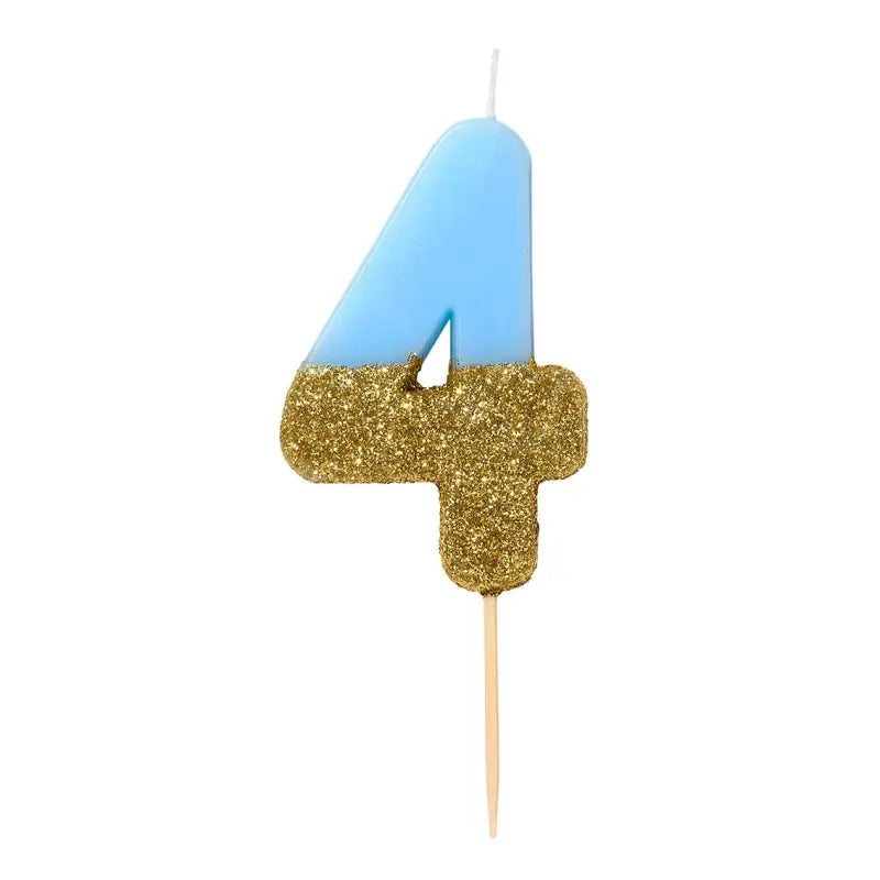 Tårtljus blå/guld glitter siffra 4