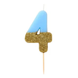 Tårtljus blå/guld glitter siffra 4