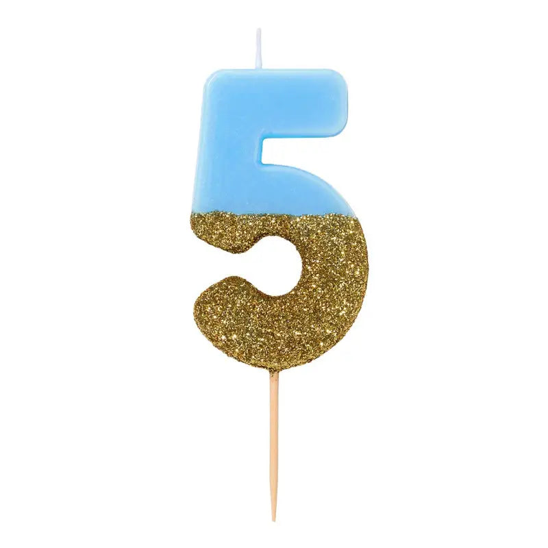 Tårtljus blå/guld glitter siffra 5