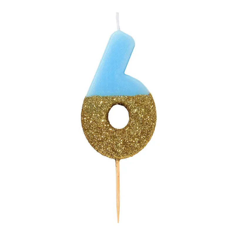 Tårtljus blå/guld glitter siffra 6