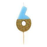 Tårtljus blå/guld glitter siffra 6