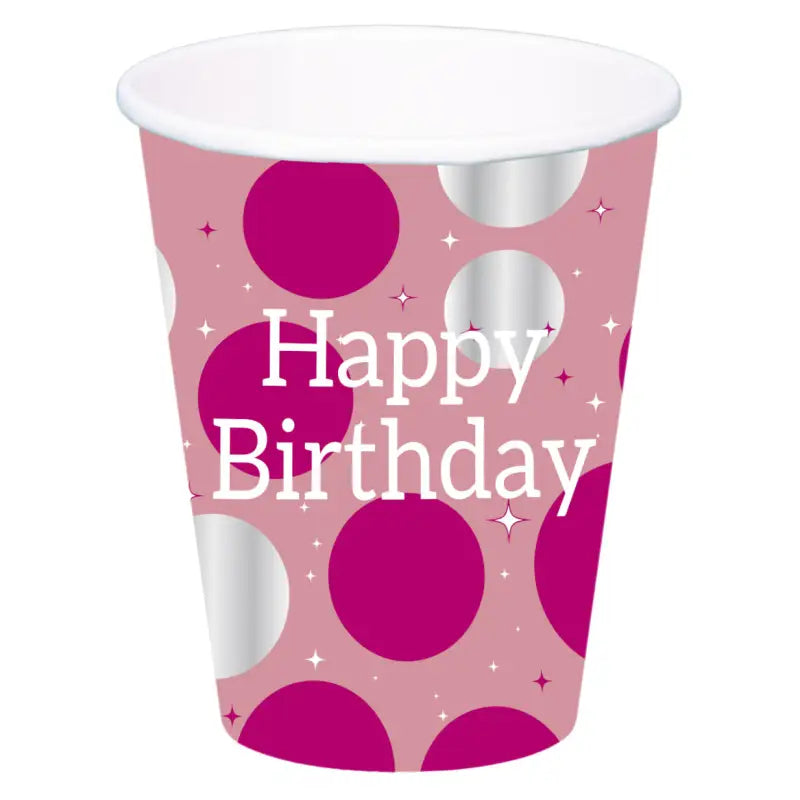 Pappersmug - Glossy Pink ’Happy Birthday’ - 250 ml - 8 stycken - Pappersmuggar