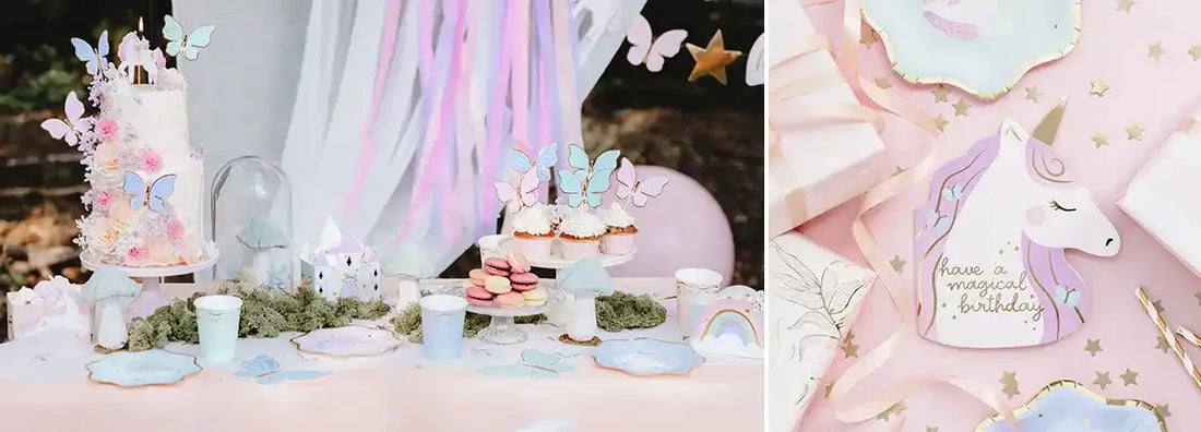 Pastellfärgad festdessertbord dekorerat med motiv av unicorn och fjärilar.