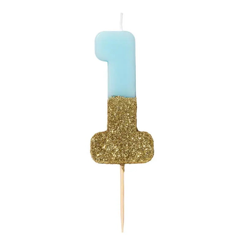 Tårtljus blå/guld glitter siffra 1
