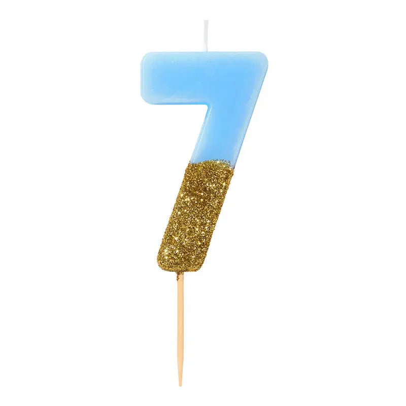 Tårtljus blå/guld glitter siffra 7