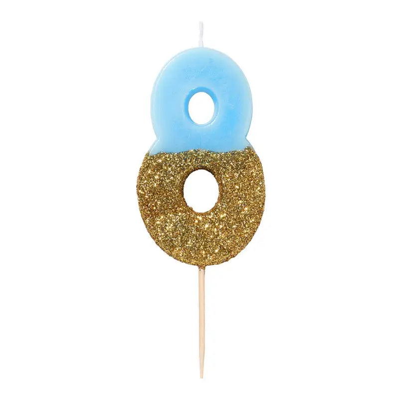 Tårtljus blå/guld glitter siffra 8